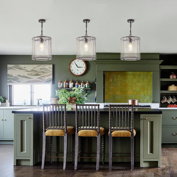Modern 1-Light Water Rippled Glass Cylinder Single Pendant