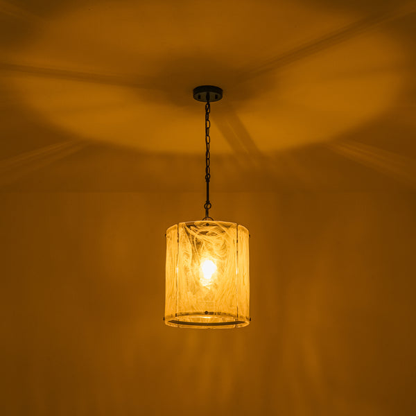Modern 1-Light White Strie Glass Cylinder Single Pendant