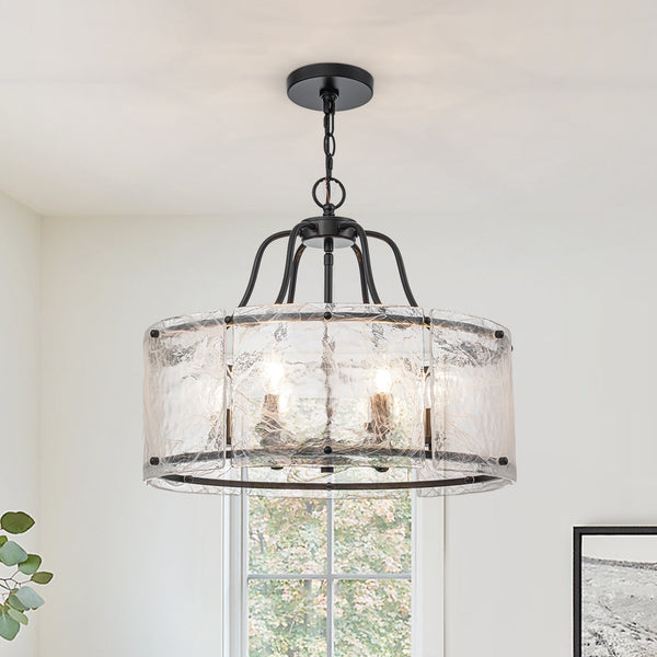 Modern 6-Light White Stire Patterned Glass Drum Pendant