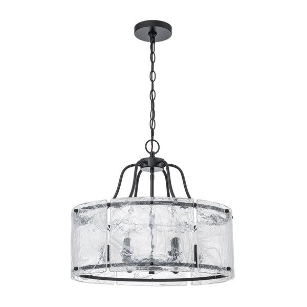 Modern 6-Light White Stire Patterned Glass Drum Pendant