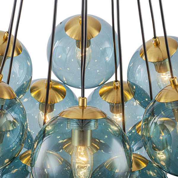 Multi-globe 13-Light Smoky Teal Cluster Bubble Glass Pendant