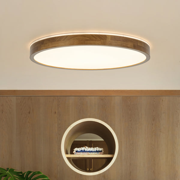 Scandinavian Round Wood Dimmable LED Flush Mount