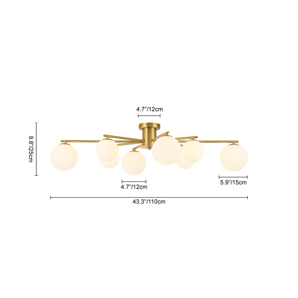 Sputnik Brass 8-Light Frosted Glass Sphere Semi-flush Mount