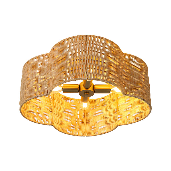 4-Lobed Scalloped Drum Rattan Semi-flush Mount
