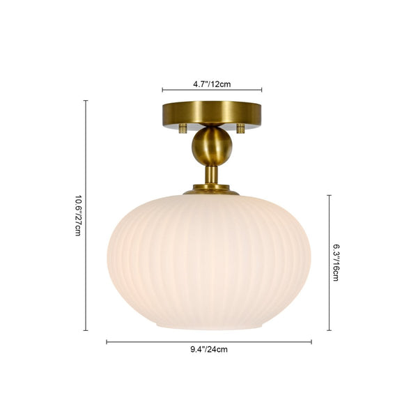 Chandelierias-1-Light Oval Opal Ribbed Glass Semi-flush Mount-Semi Flush-Brushed Brass-