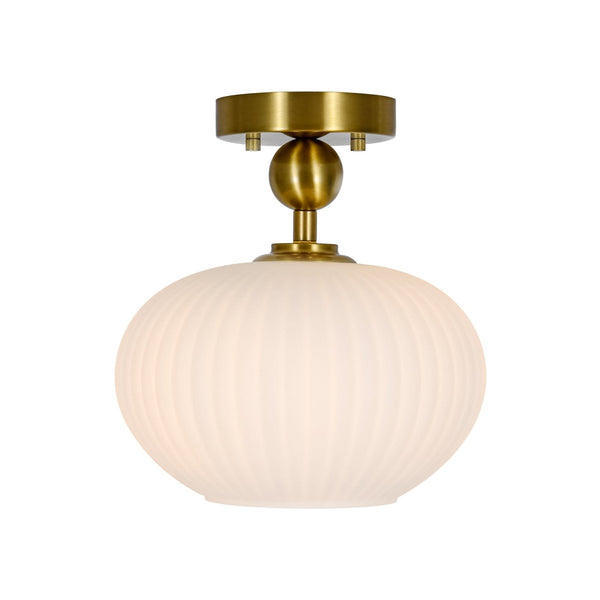 Chandelierias-1-Light Oval Opal Ribbed Glass Semi-flush Mount-Semi Flush-Brushed Brass-