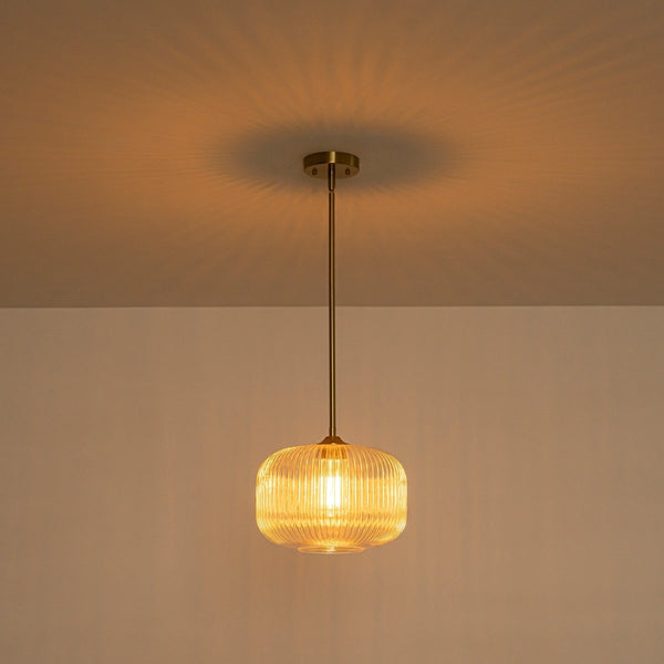 Chandelierias-1-Light Ribbed Glass Clear Lantern Kitchen Pendant-Pendants-Brass-