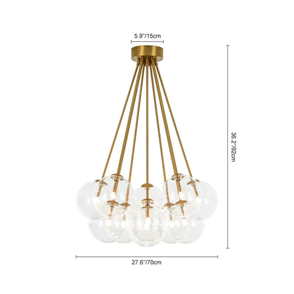 Chandelierias - 11 - Light Clear Glass Globes Cluster Semi - flush Mount - Semi Flush - Brushed Brass -