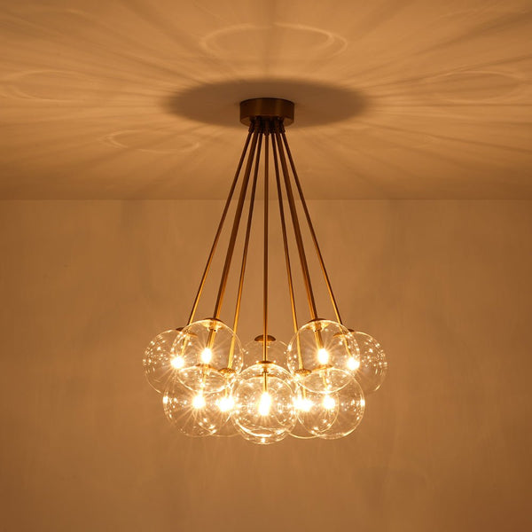Chandelierias - 11 - Light Clear Glass Globes Cluster Semi - flush Mount - Semi Flush - Brushed Brass -