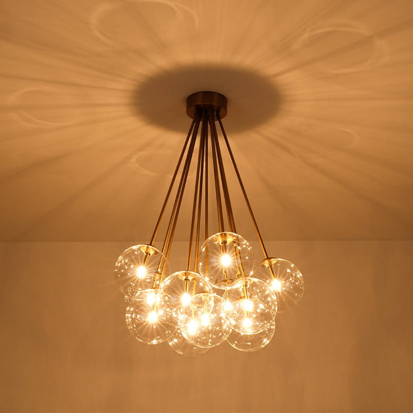 Chandelierias - 11 - Light Clear Glass Globes Cluster Semi - flush Mount - Semi Flush - Brushed Brass -