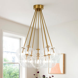 Chandelierias - 11 - Light Clear Glass Globes Cluster Semi - flush Mount - Semi Flush - Brushed Brass -