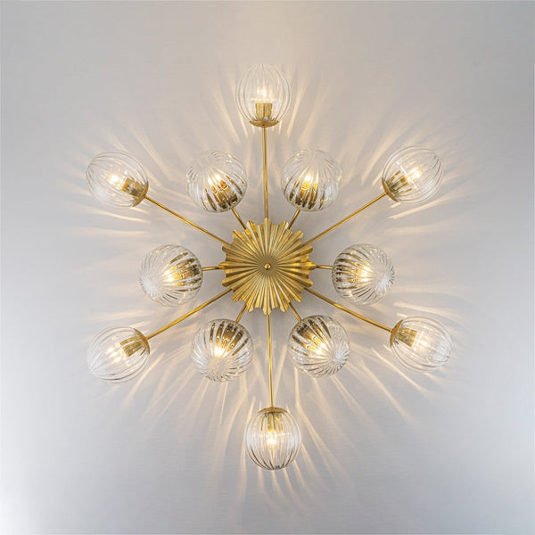 Chandelierias-12-Light Clear Ribbed Bubble Glass Sputnik Semi-flush Mount-Semi Flush-Brass-