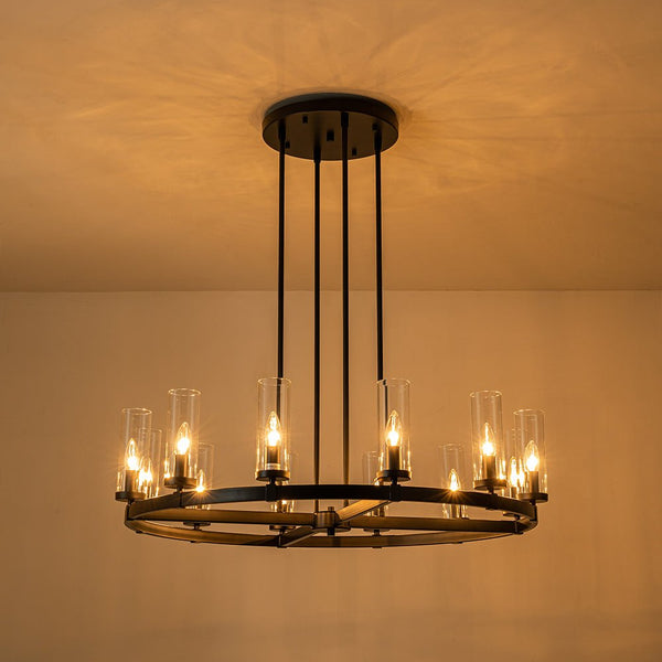 Chandelierias-12-Light Cylinder Clear Glass Wagon Wheel Chandelier-Chandeliers-Black-