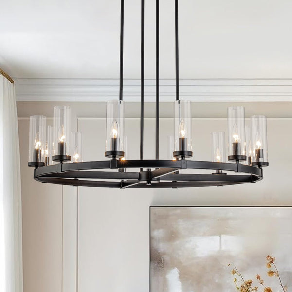 Chandelierias-12-Light Cylinder Clear Glass Wagon Wheel Chandelier-Chandeliers-Black-
