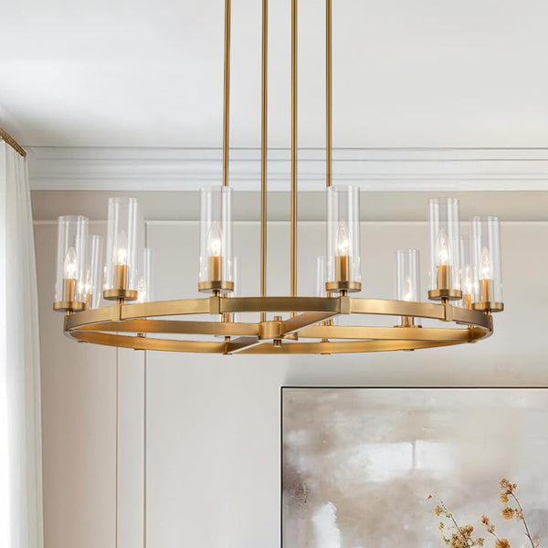 Chandelierias-12-Light Cylinder Clear Glass Wagon Wheel Chandelier-Chandeliers-Gold-