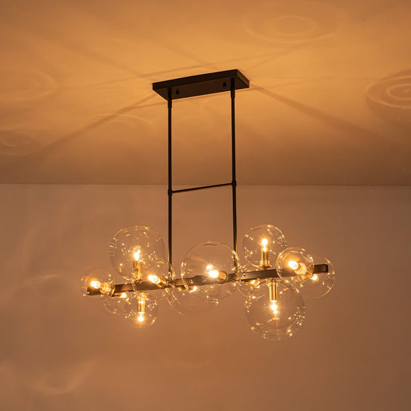 Chandelierias - 12 - Light Stacked Clear Glass Globe Linear Chandelier - Chandeliers - Black & Brass -