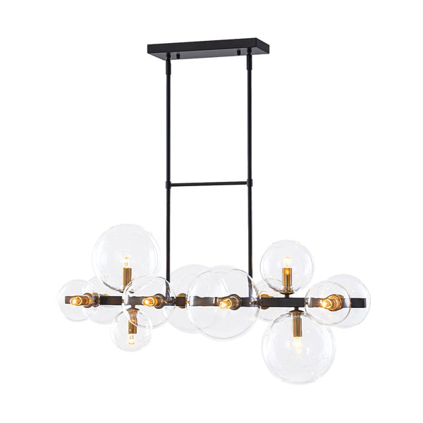 Chandelierias - 12 - Light Stacked Clear Glass Globe Linear Chandelier - Chandeliers - Black & Brass -