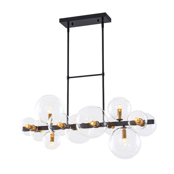 Chandelierias - 12 - Light Stacked Clear Glass Globe Linear Chandelier - Chandeliers - Black & Brass -