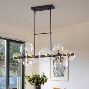 Chandelierias - 12 - Light Stacked Clear Glass Globe Linear Chandelier - Chandeliers - Black & Brass -