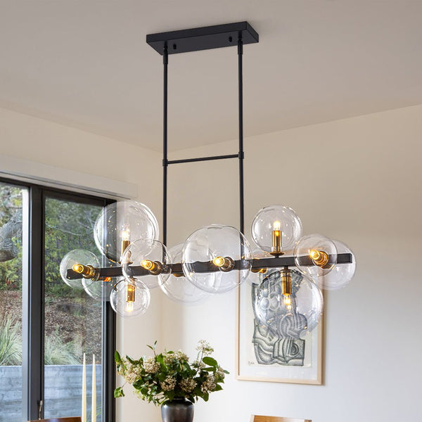 Chandelierias - 12 - Light Stacked Clear Glass Globe Linear Chandelier - Chandeliers - Black & Brass -