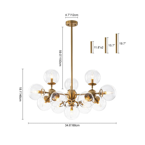 Chandelierias - 13 - Light Mid - century Molecular Clear Glass Branch Chandelier - Chandeliers - Brass -
