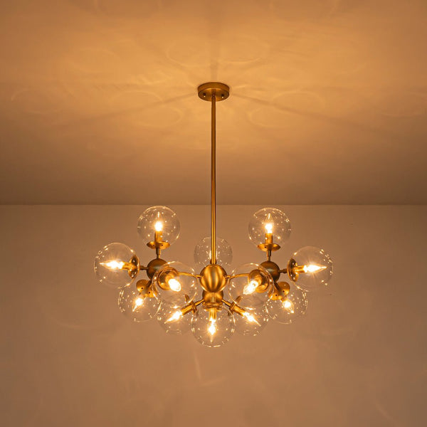 Chandelierias - 13 - Light Mid - century Molecular Clear Glass Branch Chandelier - Chandeliers - Brass -