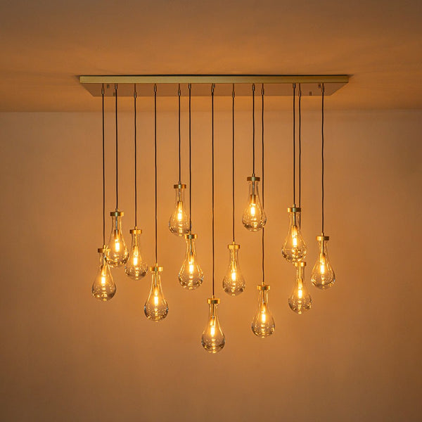 Chandelierias - 13 - Light Raindrop Blown Clear Glass Cluster Pendant Chandelier - Chandeliers - Gold -