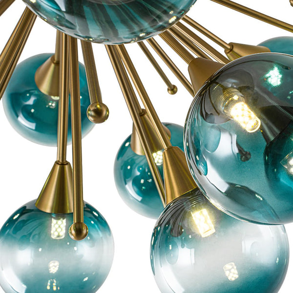 Chandelierias-15-Light Teal Ombre Glass Bubble Sunburst Flush Mount-Semi Flush-Brass-