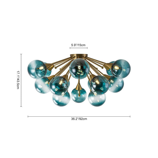 Chandelierias-15-Light Teal Ombre Glass Bubble Sunburst Flush Mount-Semi Flush-Brass-