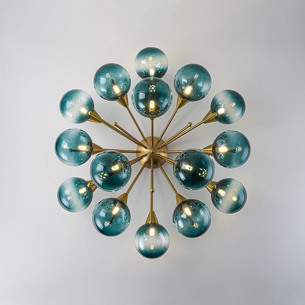 Chandelierias-15-Light Teal Ombre Glass Bubble Sunburst Flush Mount-Semi Flush-Brass-