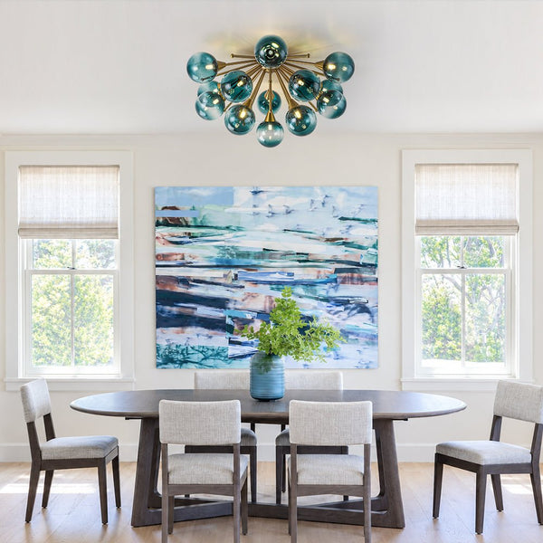 Chandelierias-15-Light Teal Ombre Glass Bubble Sunburst Flush Mount-Semi Flush-Brass-