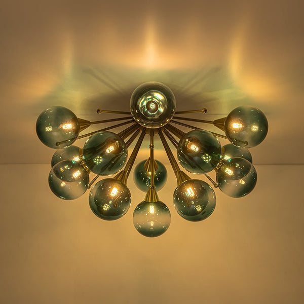 Chandelierias-15-Light Teal Ombre Glass Bubble Sunburst Flush Mount-Semi Flush-Brass-