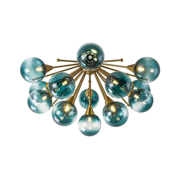 Chandelierias-15-Light Teal Ombre Glass Bubble Sunburst Flush Mount-Semi Flush-Brass-