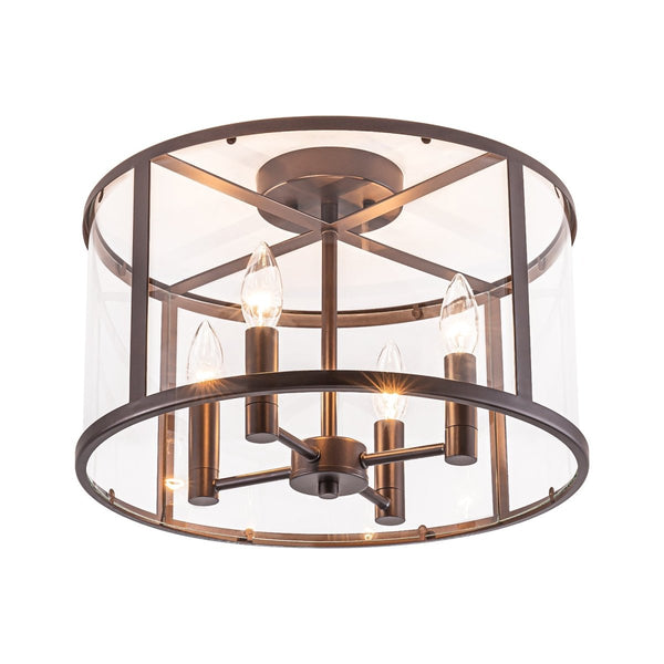 Chandelierias-15.7in. Wide Farmhouse 4-Light Clear Curved Glass Drum Semi-flush Mount-Semi Flush-Oil-rubbed Bronze-