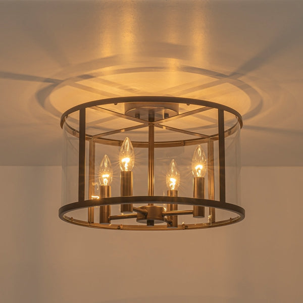 Chandelierias-15.7in. Wide Farmhouse 4-Light Clear Curved Glass Drum Semi-flush Mount-Semi Flush-Oil-rubbed Bronze-