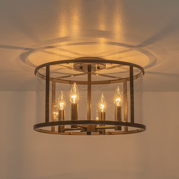 Chandelierias-15.7in. Wide Farmhouse 4-Light Clear Curved Glass Drum Semi-flush Mount-Semi Flush-Oil-rubbed Bronze-