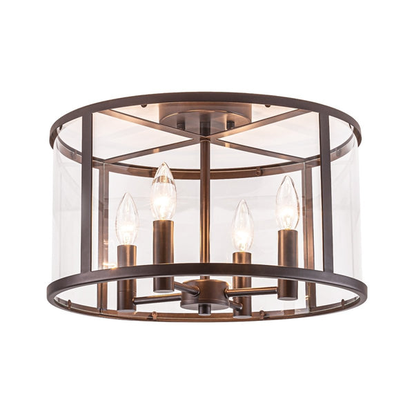 Chandelierias-15.7in. Wide Farmhouse 4-Light Clear Curved Glass Drum Semi-flush Mount-Semi Flush-Oil-rubbed Bronze-