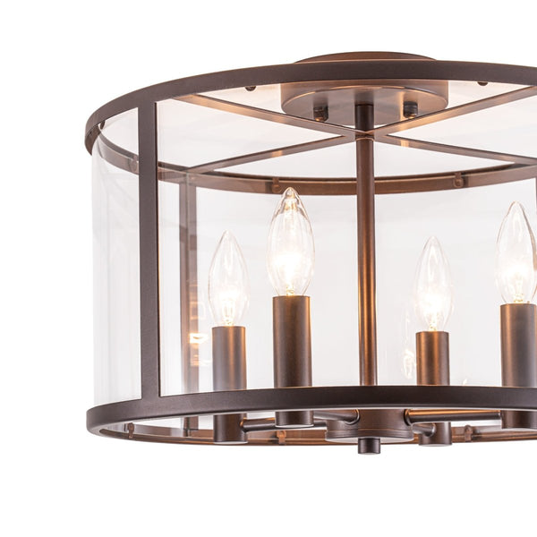 Chandelierias-15.7in. Wide Farmhouse 4-Light Clear Curved Glass Drum Semi-flush Mount-Semi Flush-Oil-rubbed Bronze-