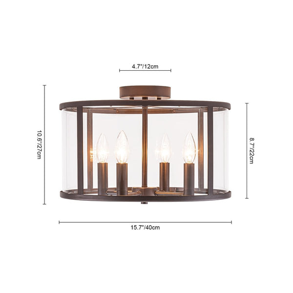 Chandelierias-15.7in. Wide Farmhouse 4-Light Clear Curved Glass Drum Semi-flush Mount-Semi Flush-Oil-rubbed Bronze-