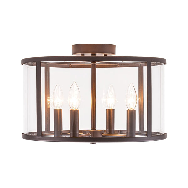 Chandelierias-15.7in. Wide Farmhouse 4-Light Clear Curved Glass Drum Semi-flush Mount-Semi Flush-Oil-rubbed Bronze-