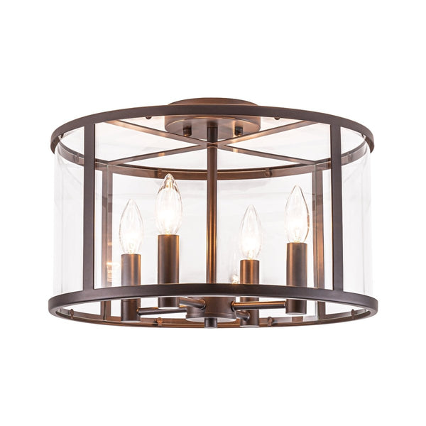 Chandelierias-15.7in. Wide Farmhouse 4-Light Clear Curved Glass Drum Semi-flush Mount-Semi Flush-Oil-rubbed Bronze-