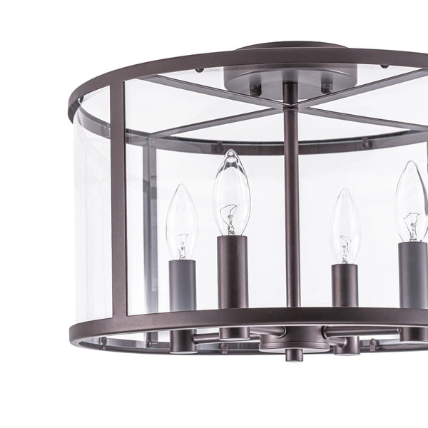 Chandelierias-15.7in. Wide Farmhouse 4-Light Clear Curved Glass Drum Semi-flush Mount-Semi Flush-Oil-rubbed Bronze-