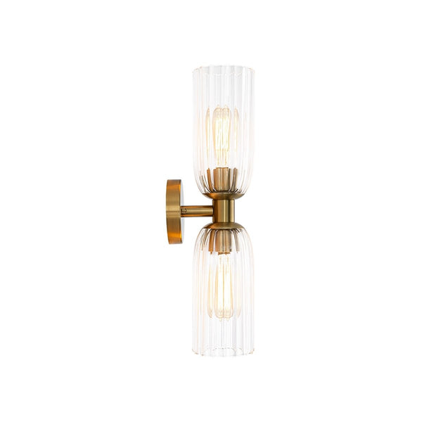 Chandelierias-2-Light Cylinder Tube Ribbed Glass Vanity Light-Wall Light-Brushed Brass-1-Pack