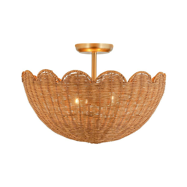 Chandelierias - 2 - Light Scalloped Tulip Woven Basket Semi - Flush Mount - Semi Flush - Brushed Brass -