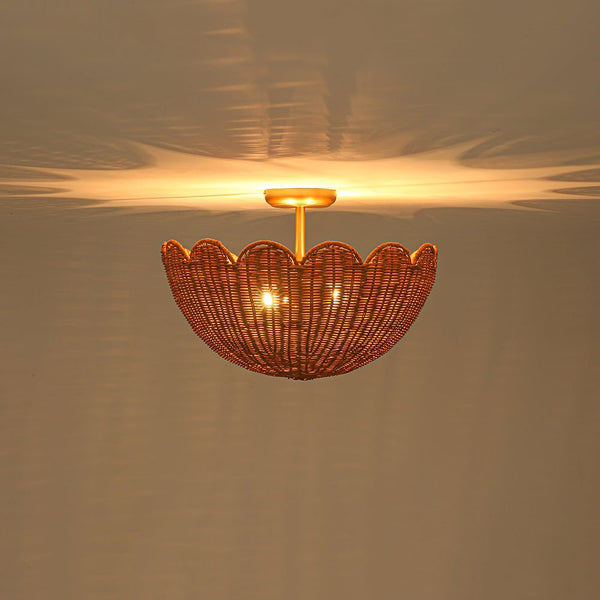 Chandelierias - 2 - Light Scalloped Tulip Woven Basket Semi - Flush Mount - Semi Flush - Brushed Brass -