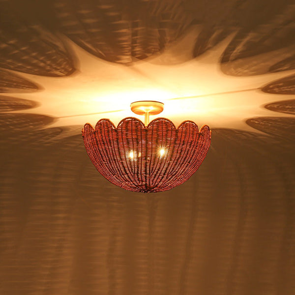 Chandelierias - 2 - Light Scalloped Tulip Woven Basket Semi - Flush Mount - Semi Flush - Brushed Brass -