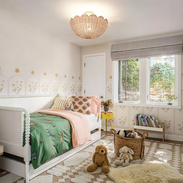 Chandelierias - 2 - Light Scalloped Tulip Woven Basket Semi - Flush Mount - Semi Flush - White -