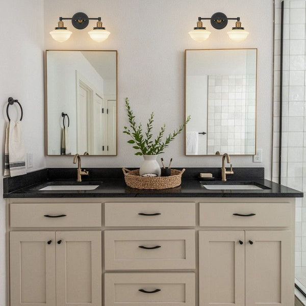 Chandelierias-2-Light Sculptural Schoolhouse Glass Linear Vanity Sconce-Wall Light-Black & Brass-2-Pack