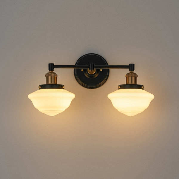 Chandelierias-2-Light Sculptural Schoolhouse Glass Linear Vanity Sconce-Wall Light-Black & Brass-2-Pack