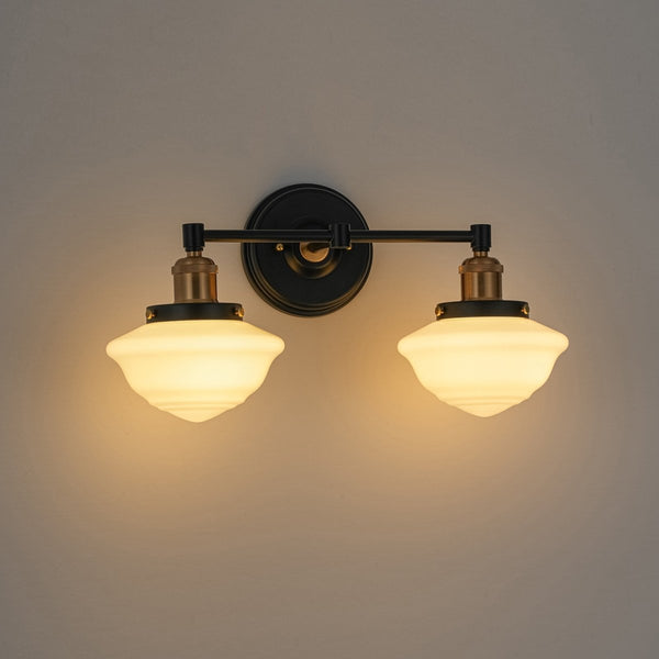 Chandelierias-2-Light Sculptural Schoolhouse Glass Linear Vanity Sconce-Wall Light-Black & Brass-2-Pack